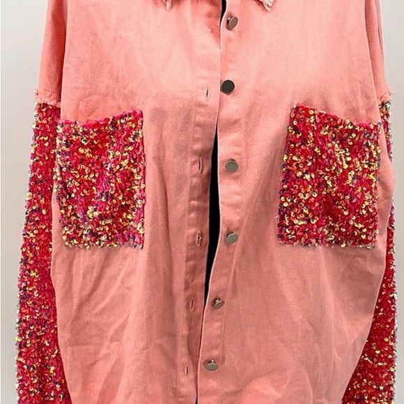 Pink Button-Up Shirt Jacket shacket with Sequin Details NWT - Picture 3 of 5